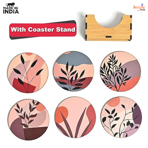 Coaster Set of 6 Modern Art Design Wooden Coasters to Serve Tea Cups, Coffee Mugs and Glasses (3.8 x 3.8 inch) (Modern Art) (Ecofriendly)