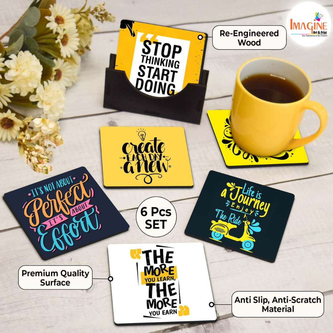 Tea Coasters Set of 6, Beautiful Design with Stand for Tea Cups, Coffee Mugs, and Glasses, Ideal for Diwali Gifting (Inspirational Quotes)