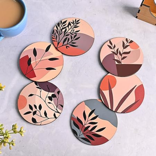 Coaster Set of 6 Modern Art Design Wooden Coasters to Serve Tea Cups, Coffee Mugs and Glasses (3.8 x 3.8 inch) (Modern Art) (Ecofriendly)