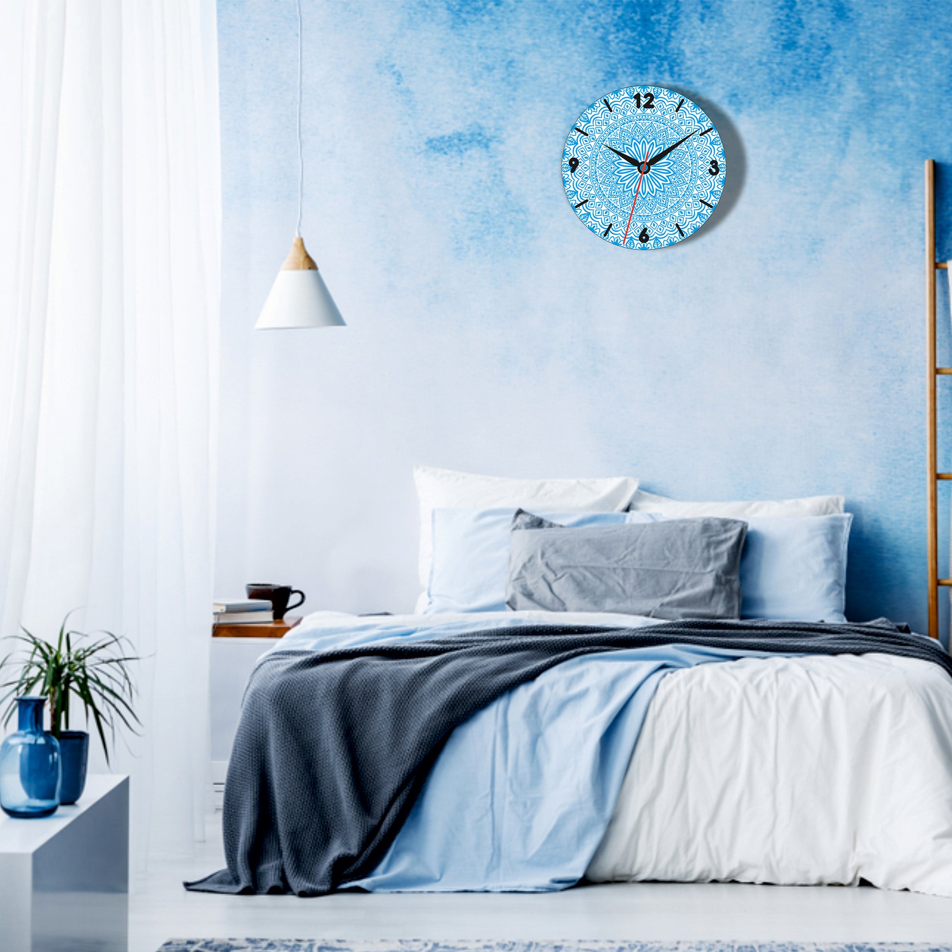 sky Colored Mandala Design Wall Clock