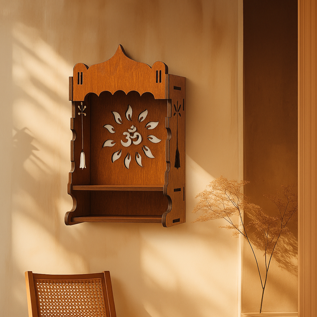 Pushp Beautiful Corner Wooden Pooja Stand Mandir, Elegant & Space-Saving Temple for Your Home