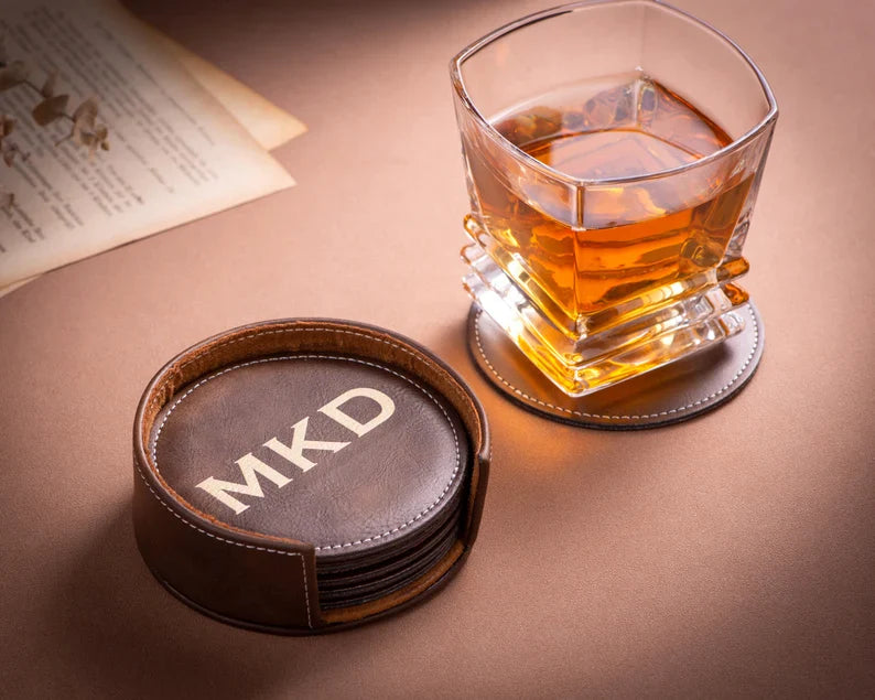 Personalized Leather Coasters Set of 6, Custom Coasters with Holder, Home Bar Drink Coasters, Wedding Party Gifts, Housewarming Gifts