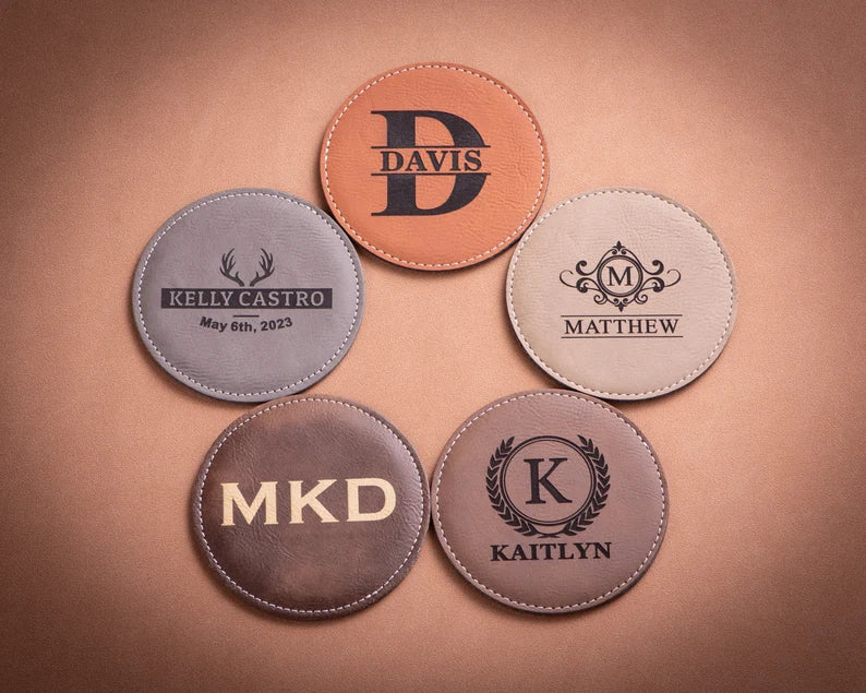 Personalized Leather Coasters Set of 6, Custom Coasters with Holder, Home Bar Drink Coasters, Wedding Party Gifts, Housewarming Gifts