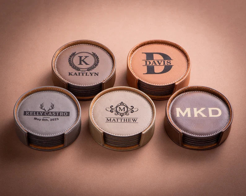 Personalized Leather Coasters Set of 6, Custom Coasters with Holder, Home Bar Drink Coasters, Wedding Party Gifts, Housewarming Gifts