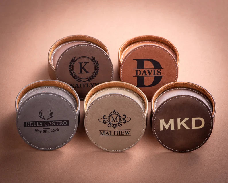 Personalized Leather Coasters Set of 6, Custom Coasters with Holder, Home Bar Drink Coasters, Wedding Party Gifts, Housewarming Gifts