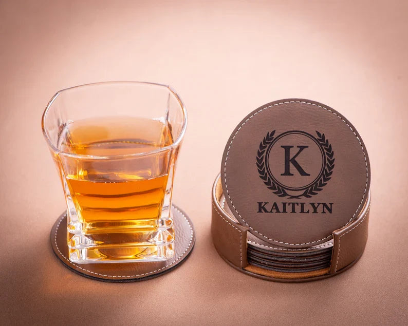 Personalized Leather Coasters Set of 6, Custom Coasters with Holder, Home Bar Drink Coasters, Wedding Party Gifts, Housewarming Gifts