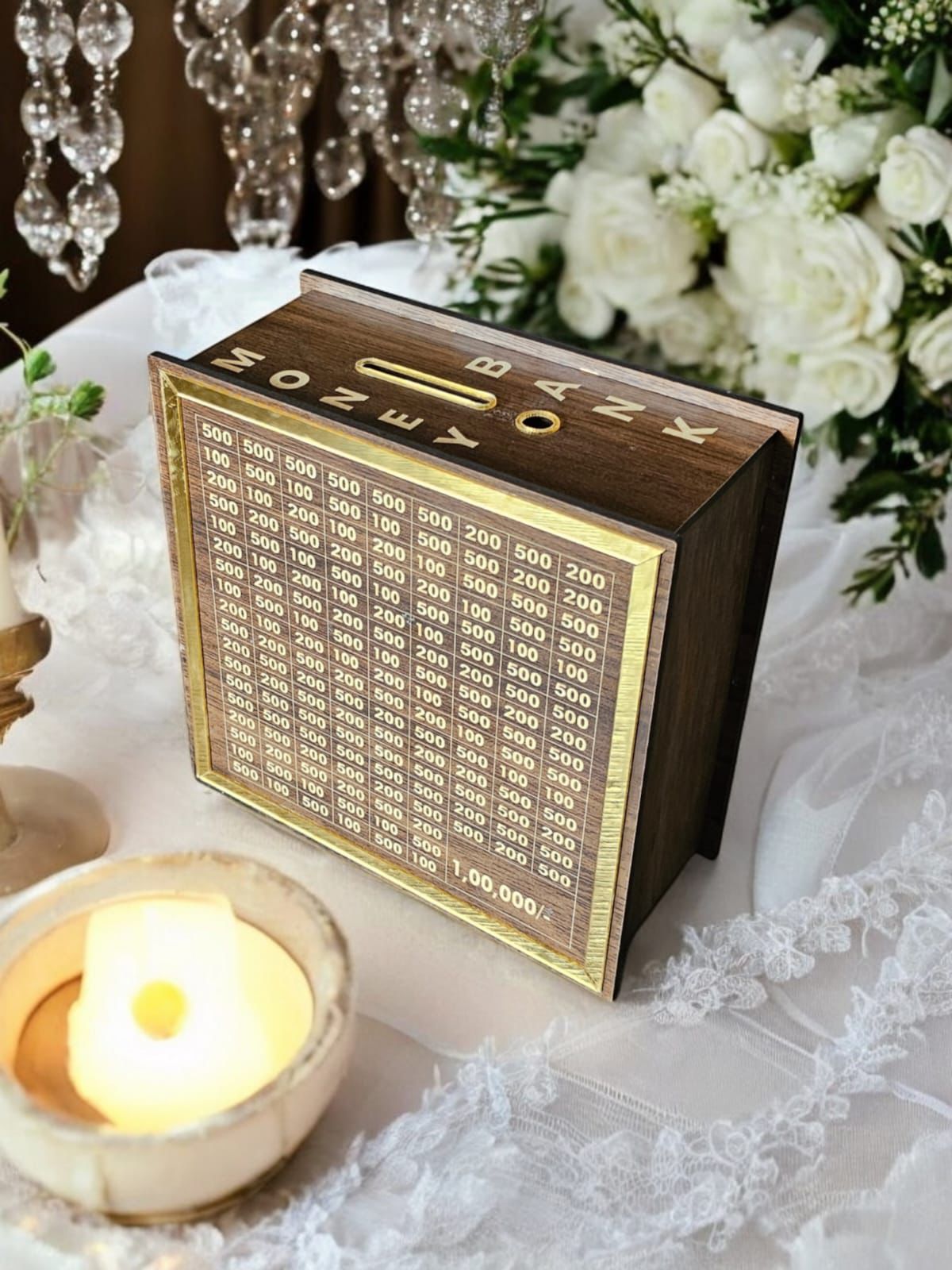 Gold Strip Wooden Saving Box 100000