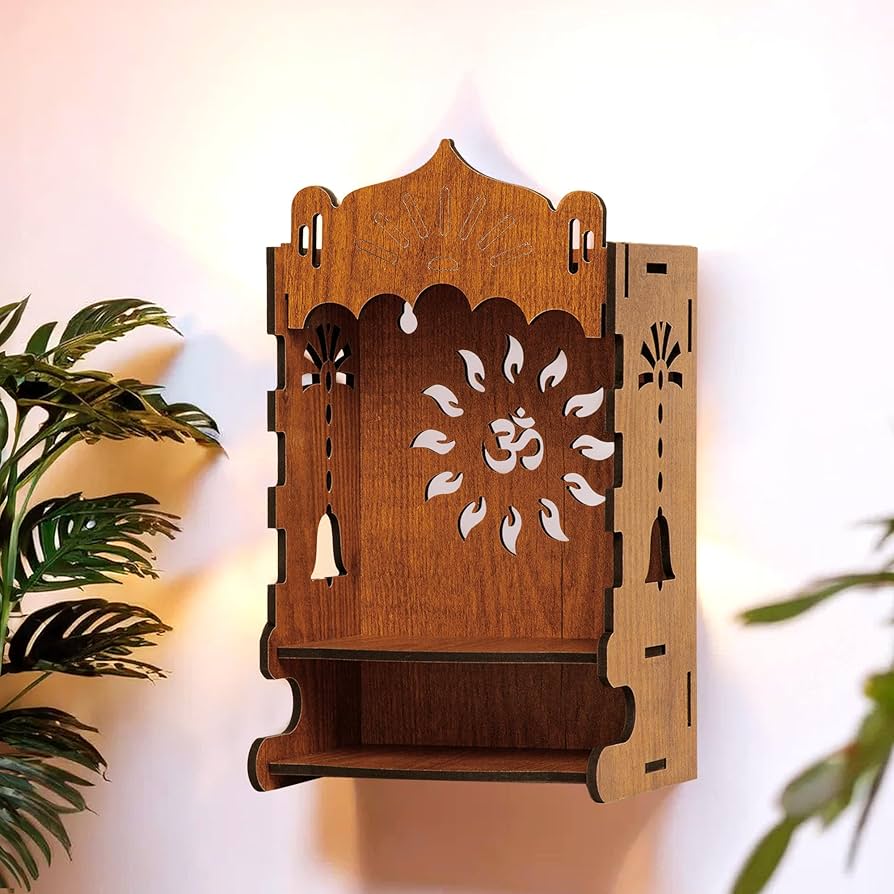 Pushp Beautiful Corner Wooden Pooja Stand Mandir, Elegant & Space-Saving Temple for Your Home